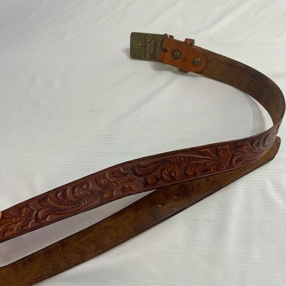 Santa Fe Stoneworks Brown Tooled Vintage Belt Size 38 - Picture 4 of 7